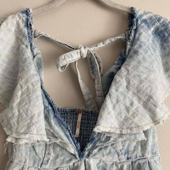 Free People Undone Mini Flutter Sleeve Dress Blue Small Raw Hemline Festival - Picture 3 of 11